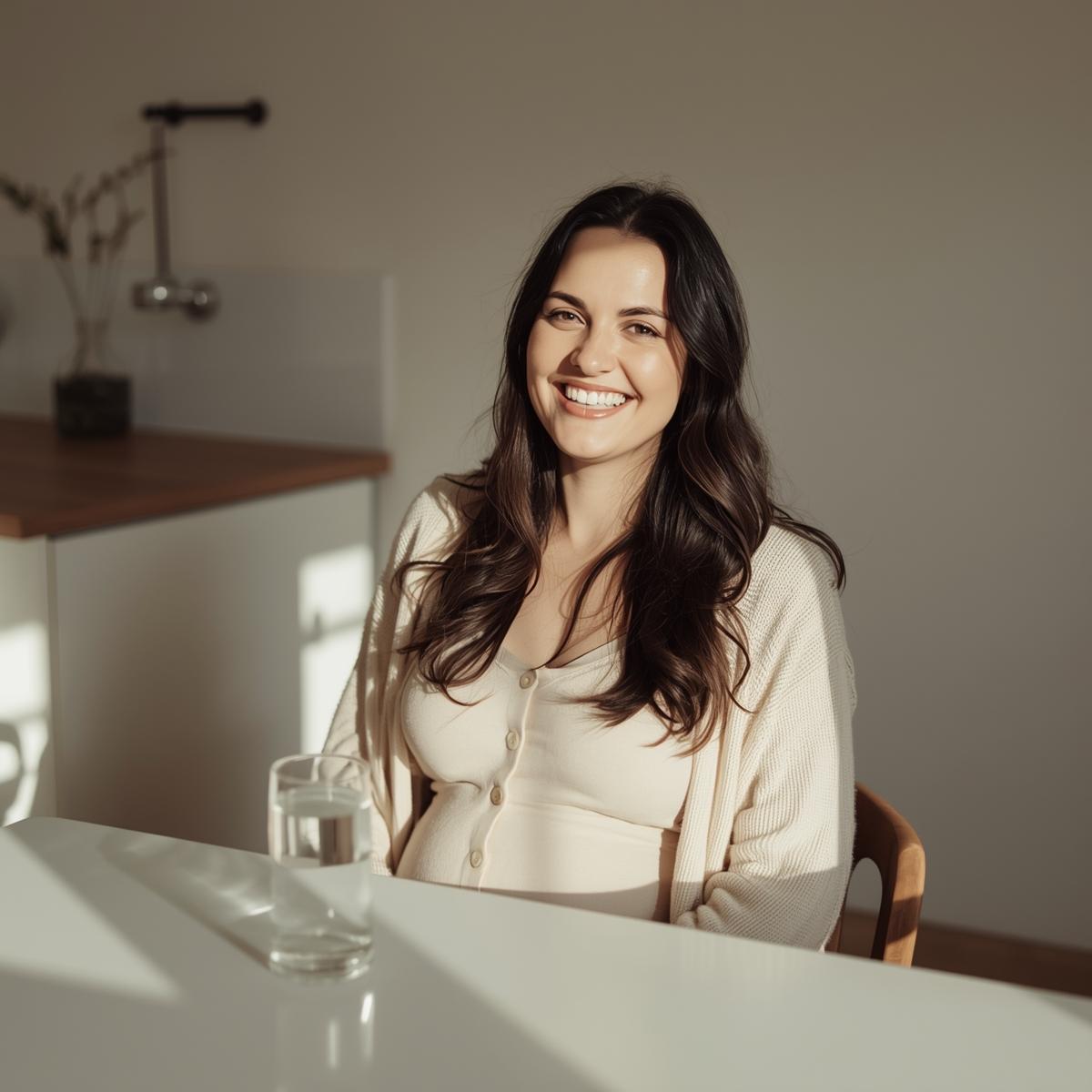 A happy pregnant woman in her mid-20s, long dark hair, wearing a light cardigan, sitting at a kitchen table with a glass of water, soft daylight, cheerful and glowing expression, lifestyle portrait, realistic photo.